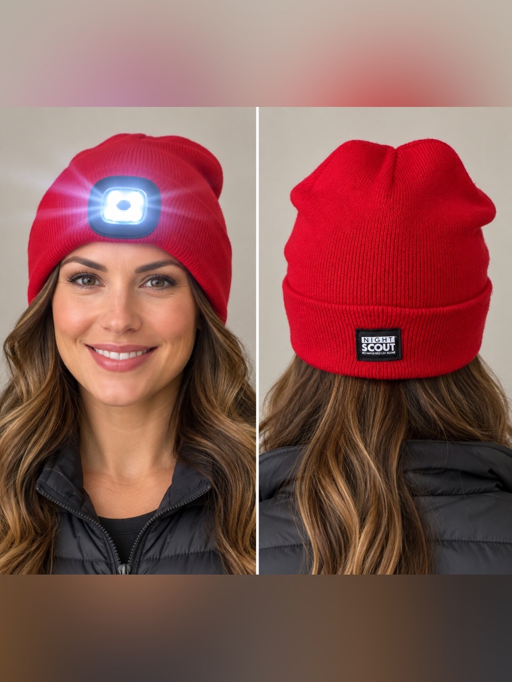 Night Scout Red Rechargeable LED Light Beanie Hat 100% Acrylic
